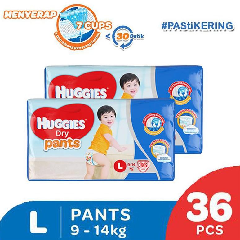 lS2Code Huggies Dry Pants Popok Celana - L36 (2 Pack) X6H4 (terbaru)