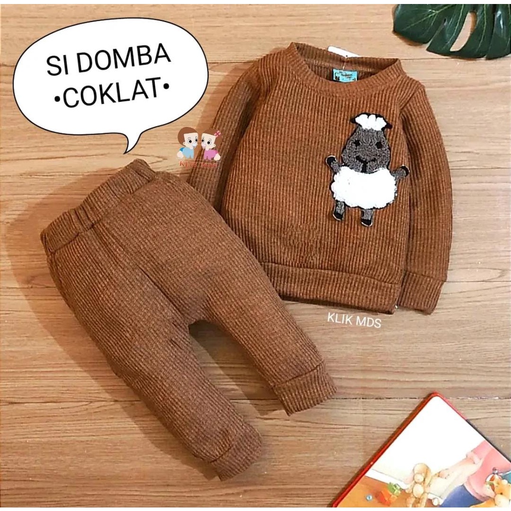 Setelan Anak - Baju Bayi Laki - Laki model Sweater Tangan Cowok Panjang Celana Panjang Bahan Waffle Motif Si Domba