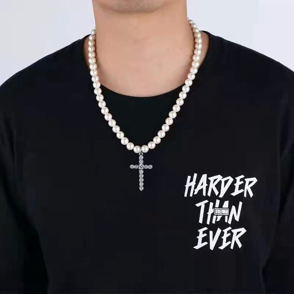 Kalung Rantai Klavikula Desain Salib Aksen Mutiara Berlian Imitasi Bahan Alloy Gaya Korea Untuk Unisex