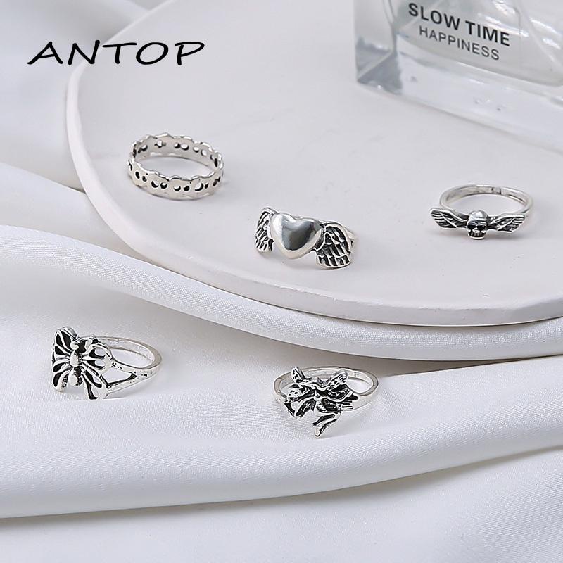 5pcs / Set Cincin Model Terbuka Desain Kerangka Kupu-Kupu Hati Hollow Out Gaya Vintage