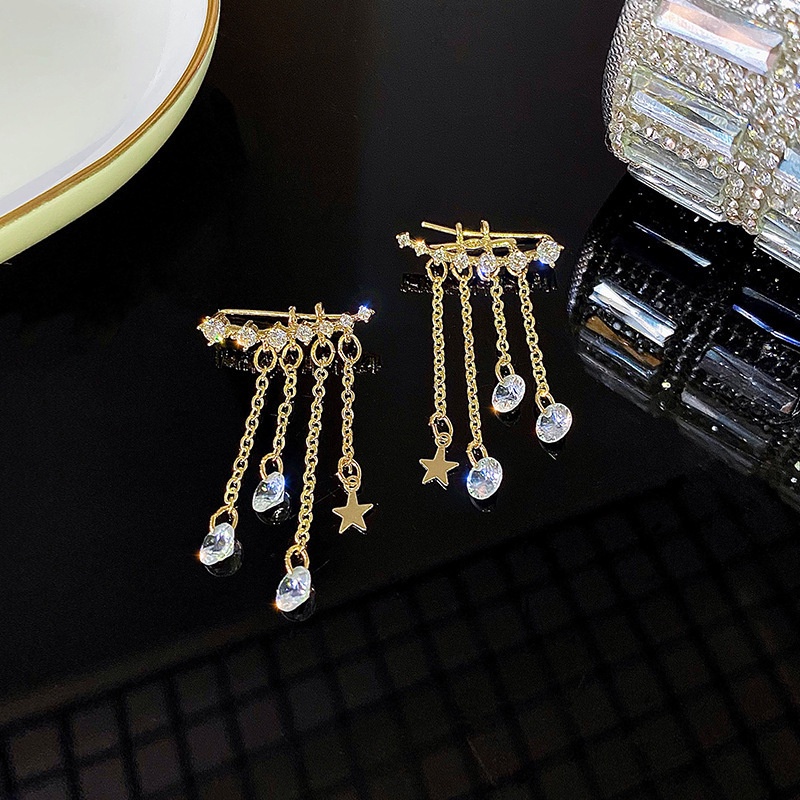 Anting Tusuk 2 In 1 Desain Bintang Rumbai Panjang Hias Berlian Imitasi Gaya Retro Untuk Wanita