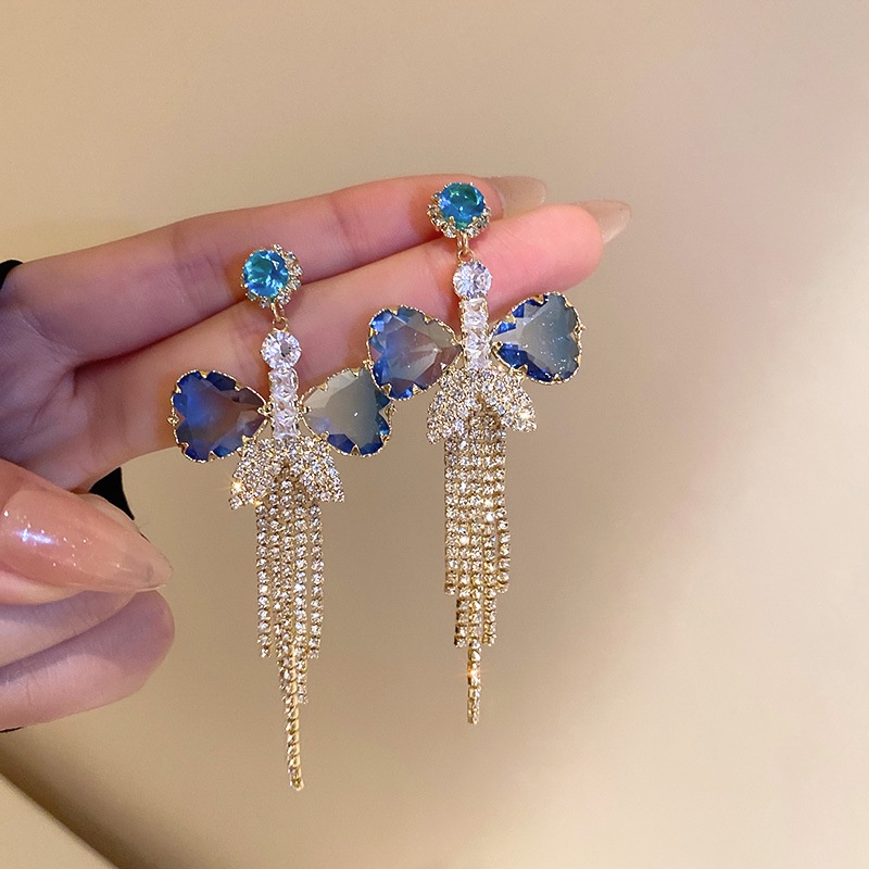Anting Rumbai Desain Pita Aksen Kristal Warna Gradasi Gaya Korea
