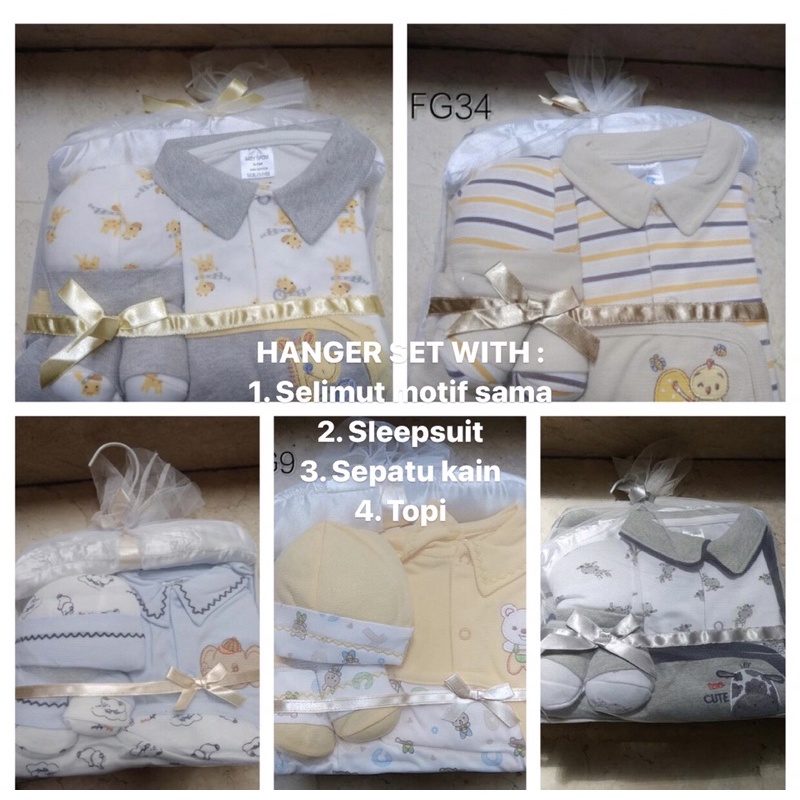 BABY GROW GIFT SET HANGER - BAJU SET PULANG DARI RS , SET SLEEPSUIT, SELIMUT, SEPATU KAIN, TOPi BAYI