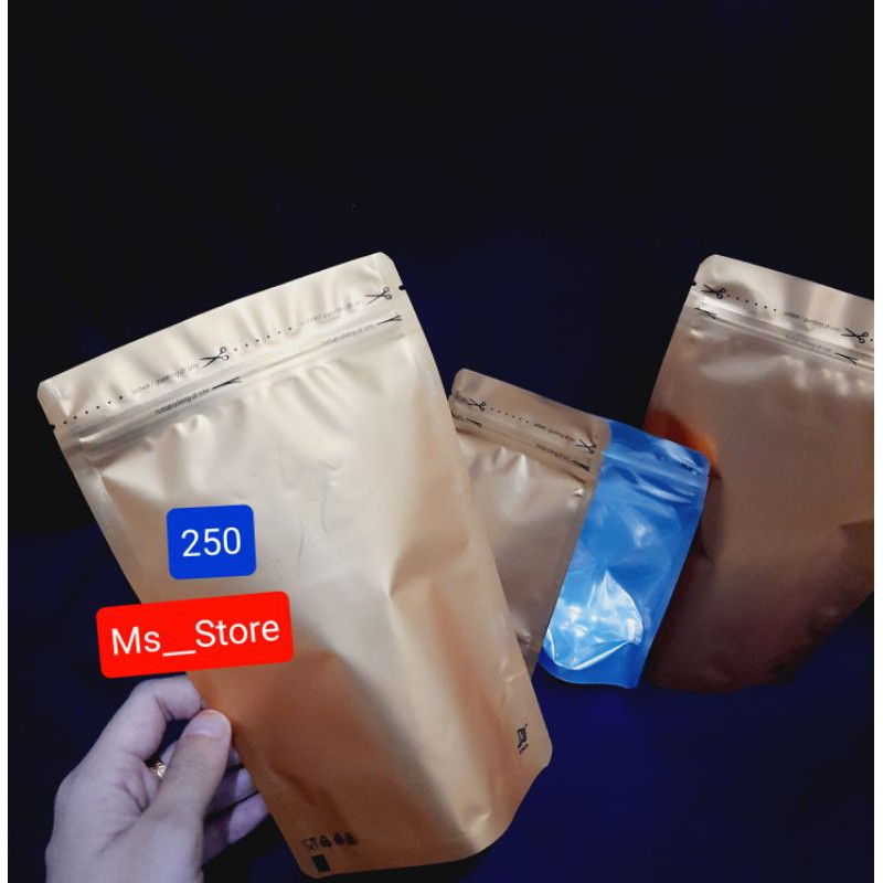 

Standing Pouch klip Gold Bening berdiri 250 bolak balik | wadah kemasan snack 20,5x13