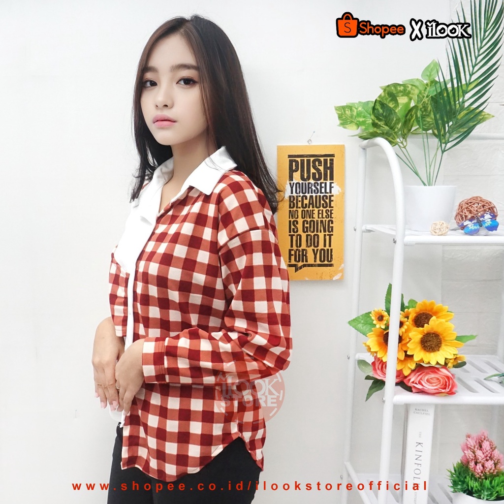 ilook | Lucky Top Blouse Weona | Chess Playfull Assymetrical Top | Blouse Wanita Bahan Creap | Blouse Weona | Motif Kotak