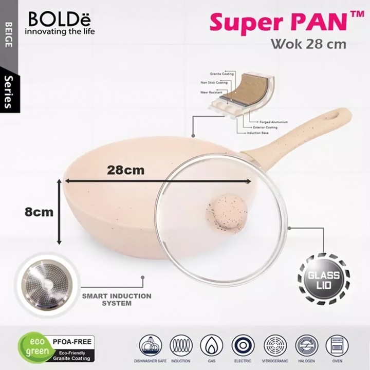 BOLDe SUPERPAN WOK PAN GLASS LID 28 CM - Panci Penutup Kaca Granite Coating