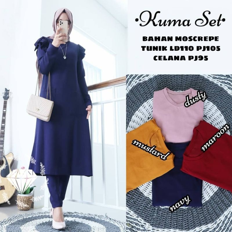 SET TUNIK CELANA KUMA, MOSCREPE, GAMIS, HIJAB, MUSLIM, SETELAN