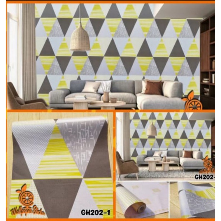 WALLPAPER DINDING MOTIF SEGITIGA KUNING GARIS 10M X 45CM