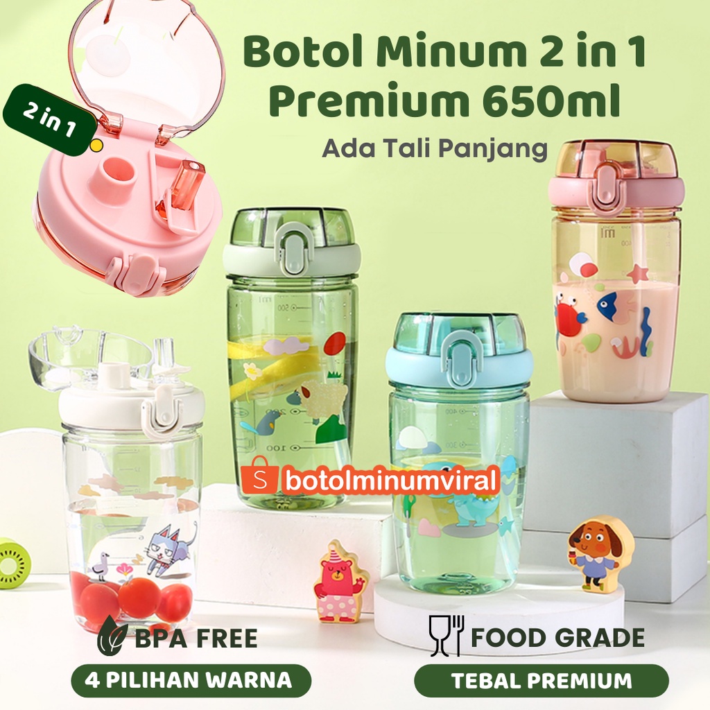 Botol Minum Anak Korea Sedotan 2 in 1 Tali BPA Free 650 ml Anti Tumpah Tebal Premium