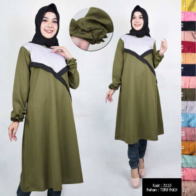TUNIK KOMBINASI • TUNIK BAHAN TORY BURCH • LONG TUNIK MURAH • PAKAIAN WANITA  • BAJU WANITA • 3110