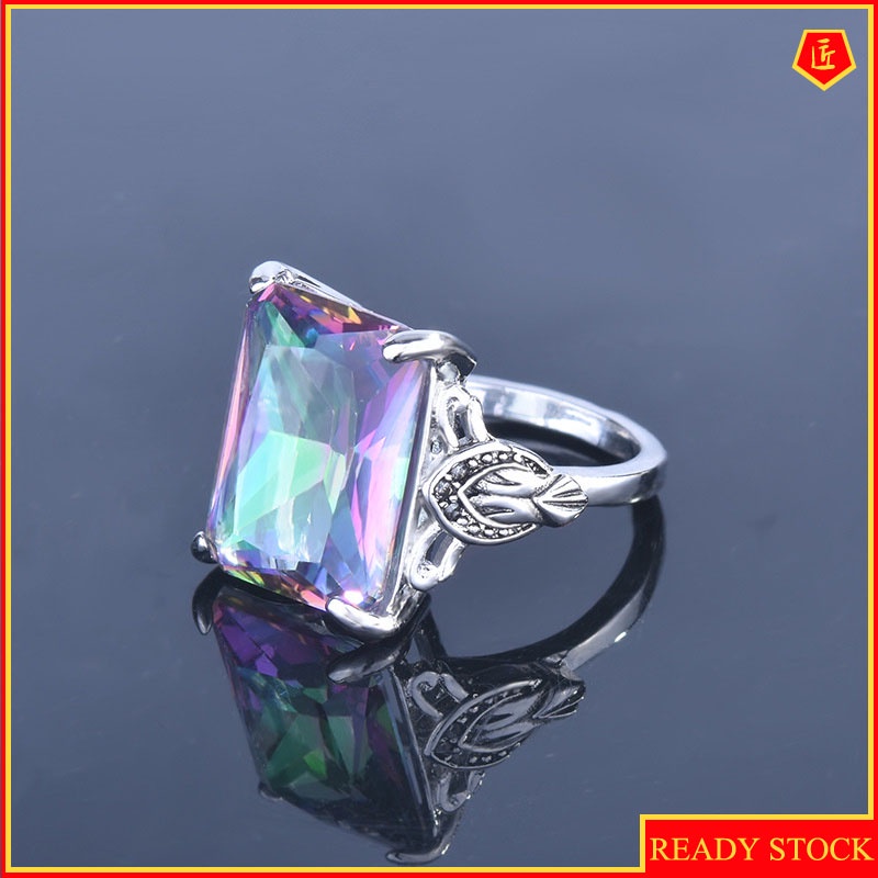 [Ready Stock]Rainbow Color Topaz Square Diamond Ring Female Creative Personality