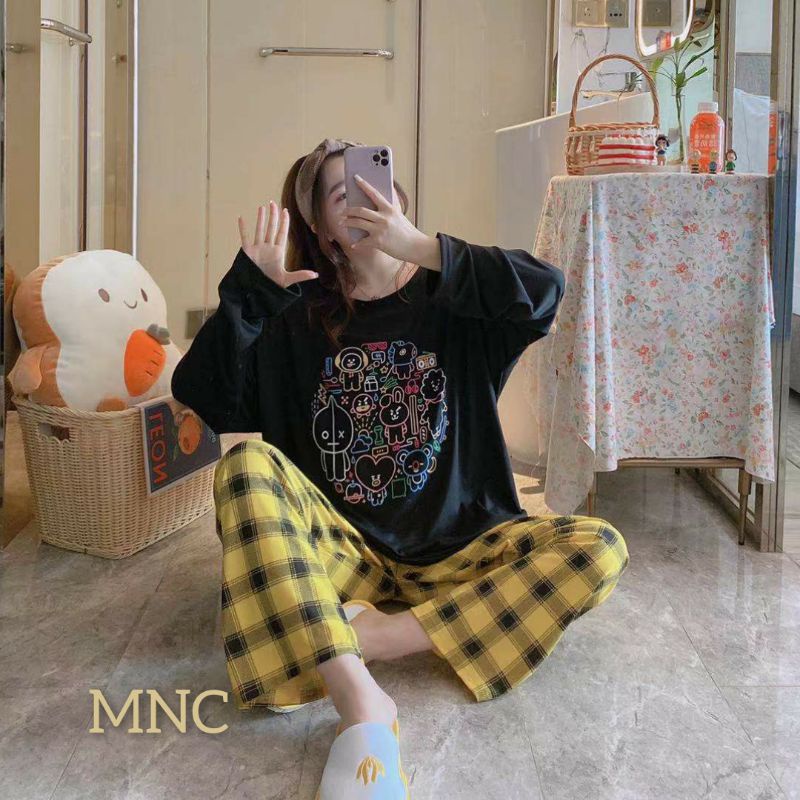 PIYAMA PP WANITA IMPORT SPANDEX|BIGSIZE|JUMBO/SET OVERSIZE/BAJU TIDUR lengan panjang-PP.BZ BT21 BLACK