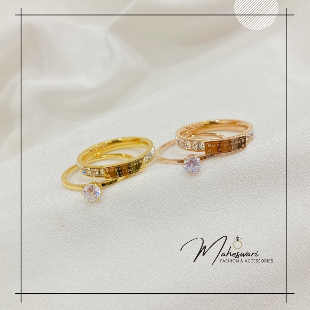 Cincin Titanium Wanita Anti Karat Cincin Mata Satu Set Polos Xuping Lapis Emas Aksesoris Import MA39