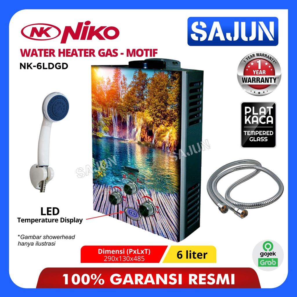 Water Heater Gas Niko NK-6LDGA/B/C/D Digital LED Display Motif (KACA) - NK-6LDGA