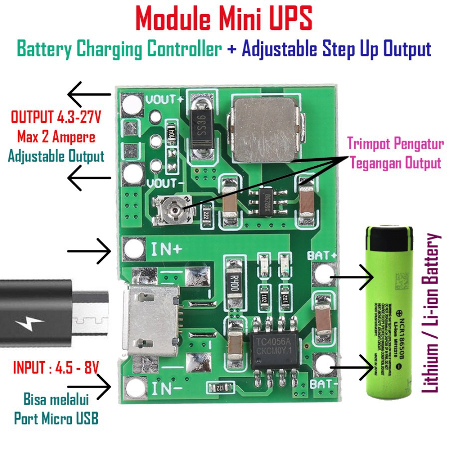 Module mini UPS TP4056 Charging Controller + Step Up Adjustable Output