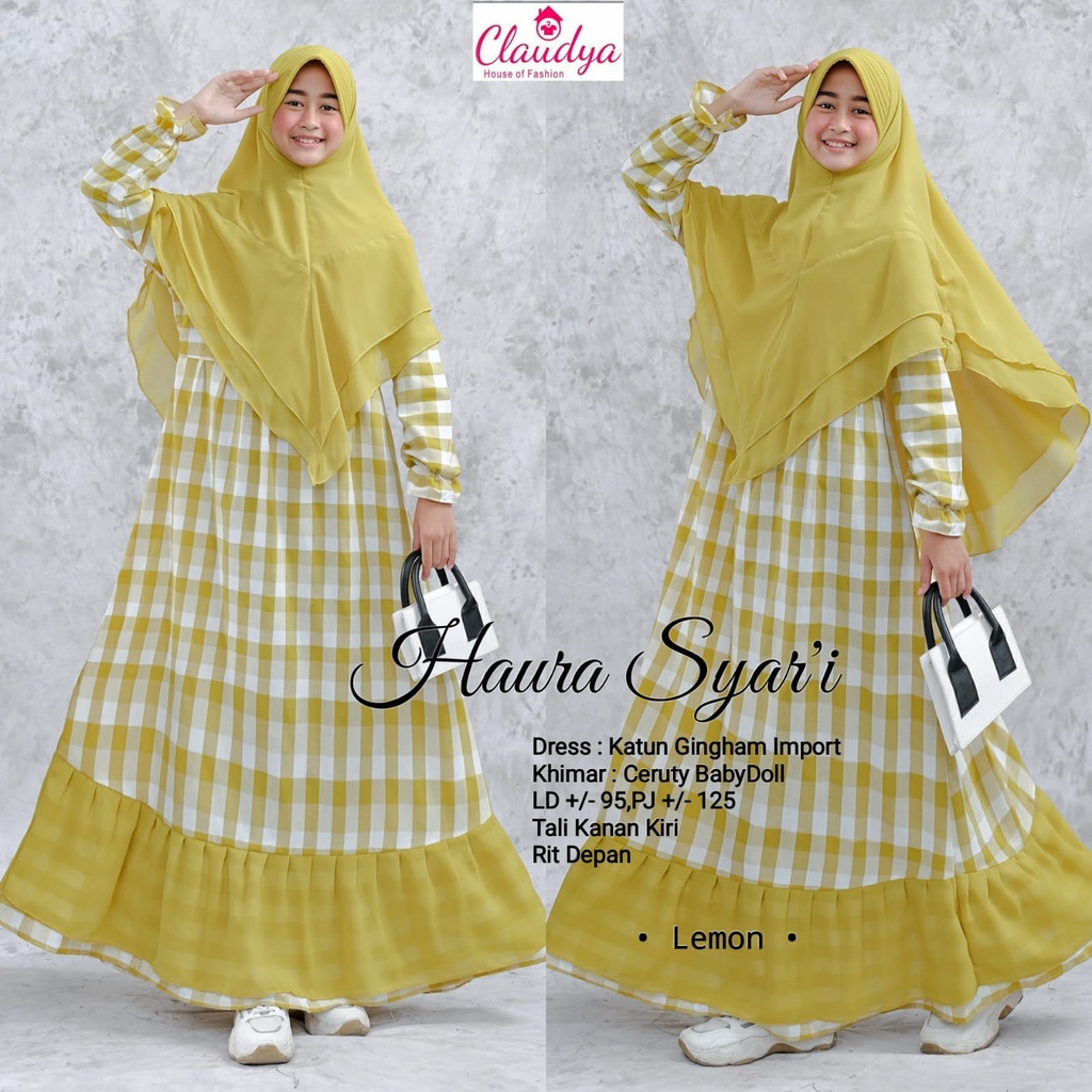 HAURA SYAR'I GAMIS MOTIF KOTAK-KOTAK ANAK KHIMAR ORI CLAUDYA