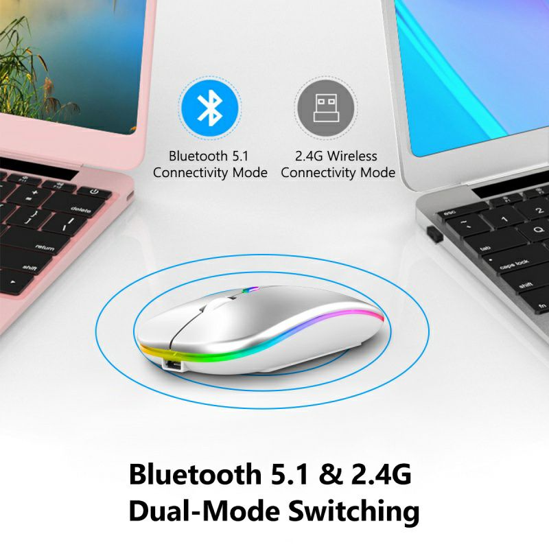 Mouse Wireless Rechargeable Silent Click DPI With RGB Led Light For Macbook Ipad Laptop Tablet (2.4 Ghz &amp; Bluetooth)