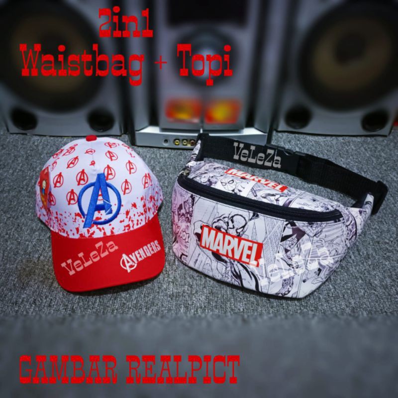 Waistbag anak karakter marvel 2in1 - Waist bag + topi