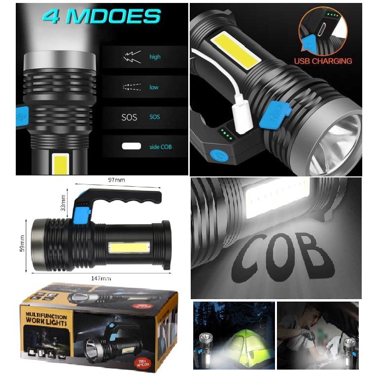 Senter LED 4 MODE RECHARGER Waterproof USB 10 W Cree XPE + COB SOS KEDIP SENTER SUPER TERANG ori