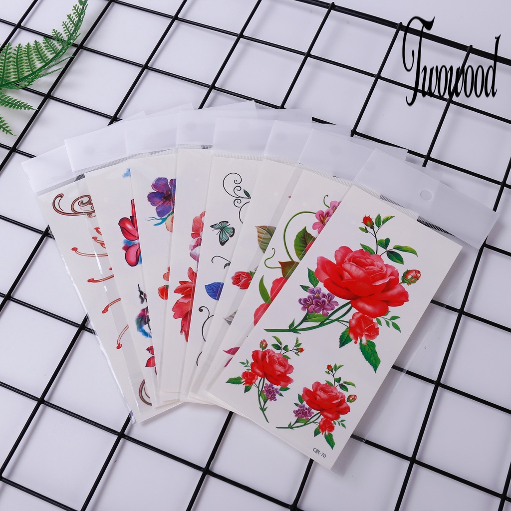 Twowood 10Pcs / Set Stiker Tattoo Sementara Motif Bunga Besar Untuk Body Art