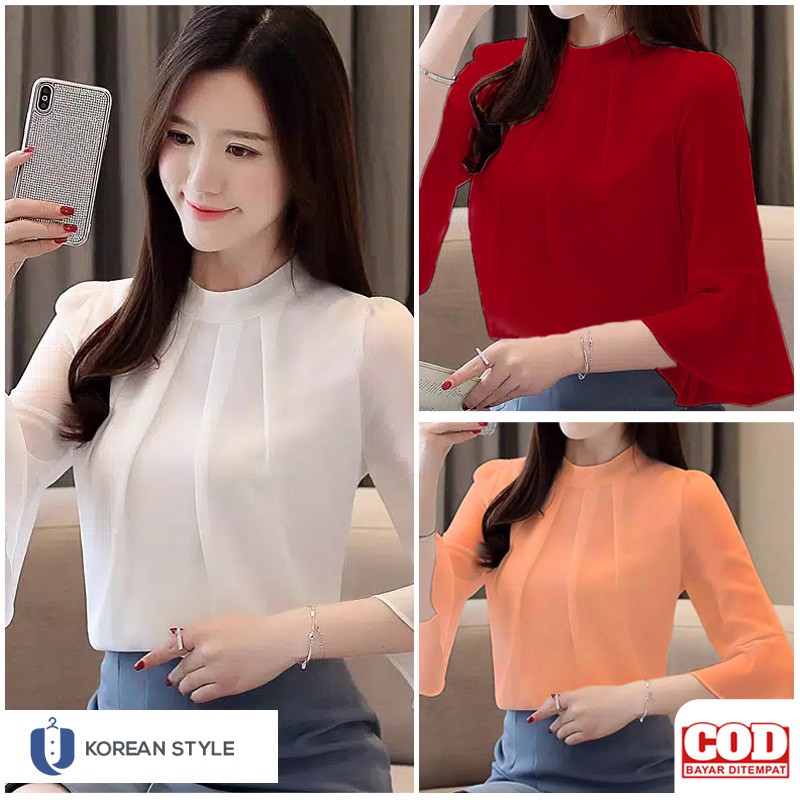 8FA Blouse Putih Korea Style Wanita Model Blus Atasan Kerja Wanita Sifon All Size Jumbo