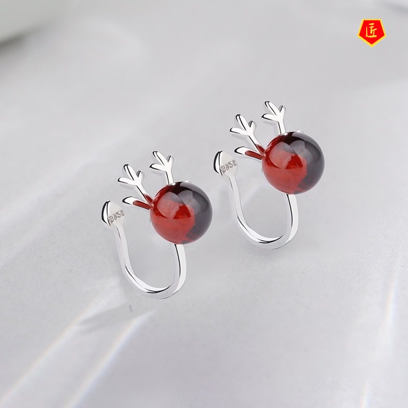 [Ready Stock]Female S925 Silver Red Garnet Antlers Ear Clip