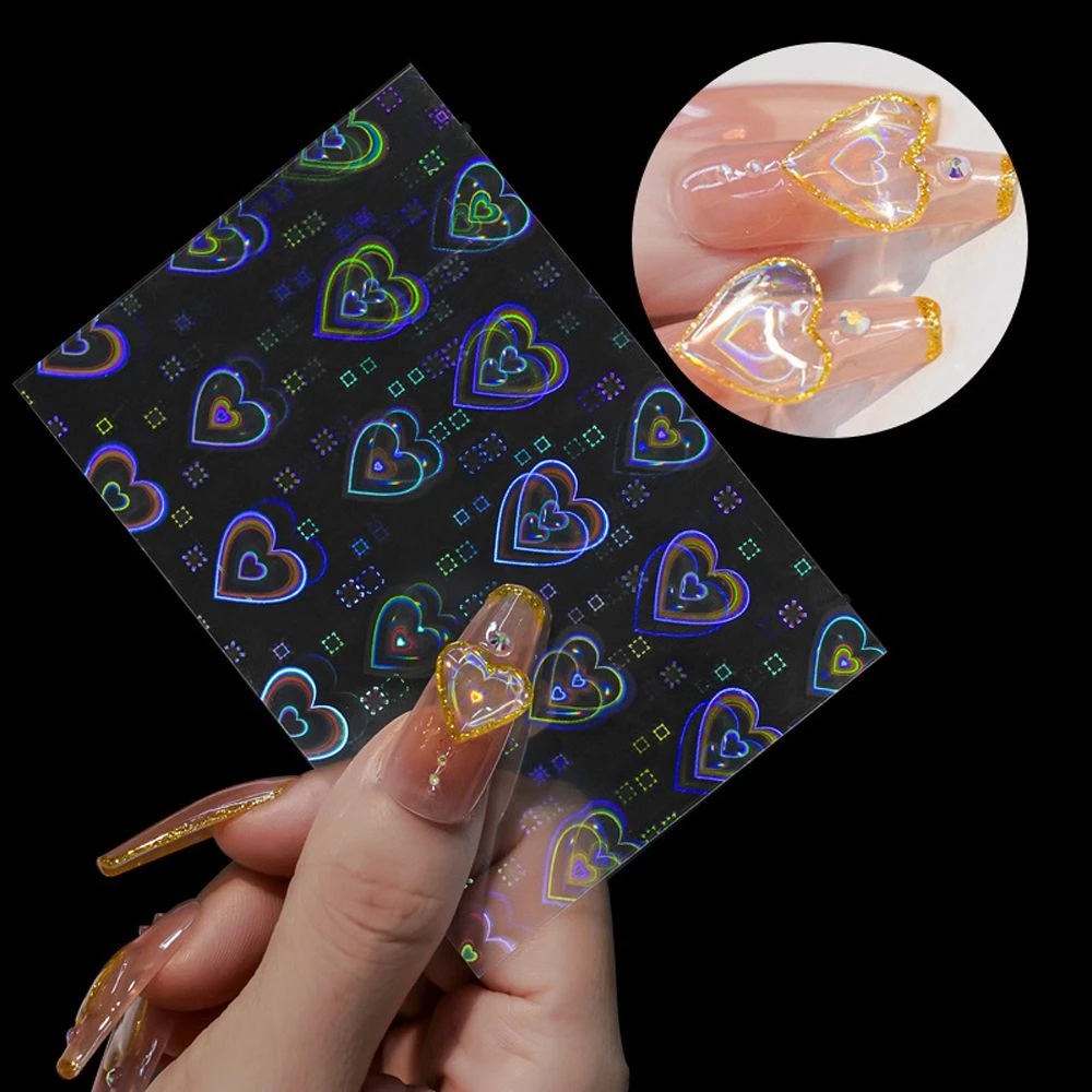 1pc Stiker Kuku Foil Transfer Air Desain Hati Aurora 3d Warna Laser Untuk Dekorasi Nail Art