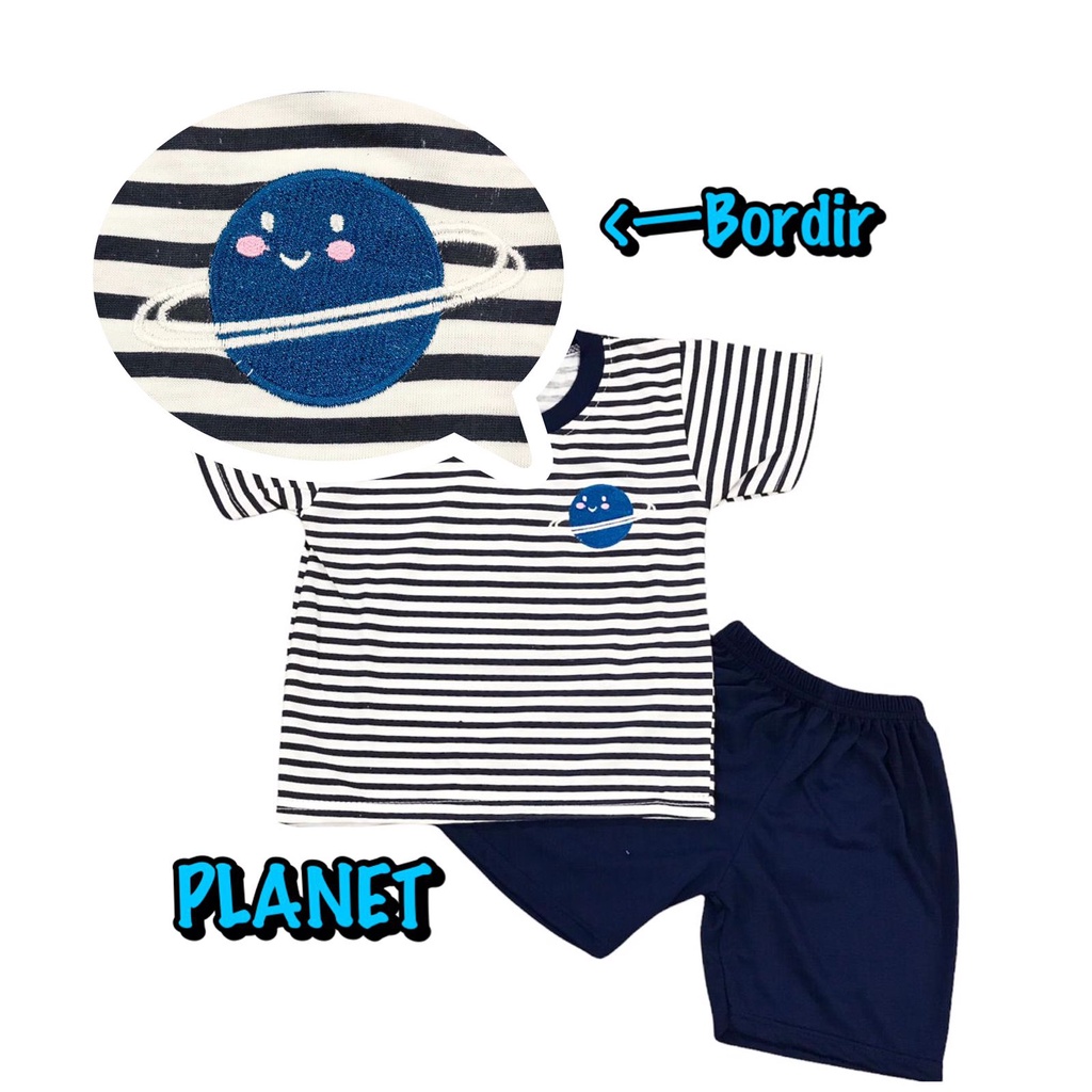 3S YEYA - BAJU SETELAN PENDEK FASHION ATASAN CELANA OBLONG ANAK LAKI-LAKI/COWOK BAHAN KAOS KATUN BORDIR SALUR PLANET/LUAR ANGKASA