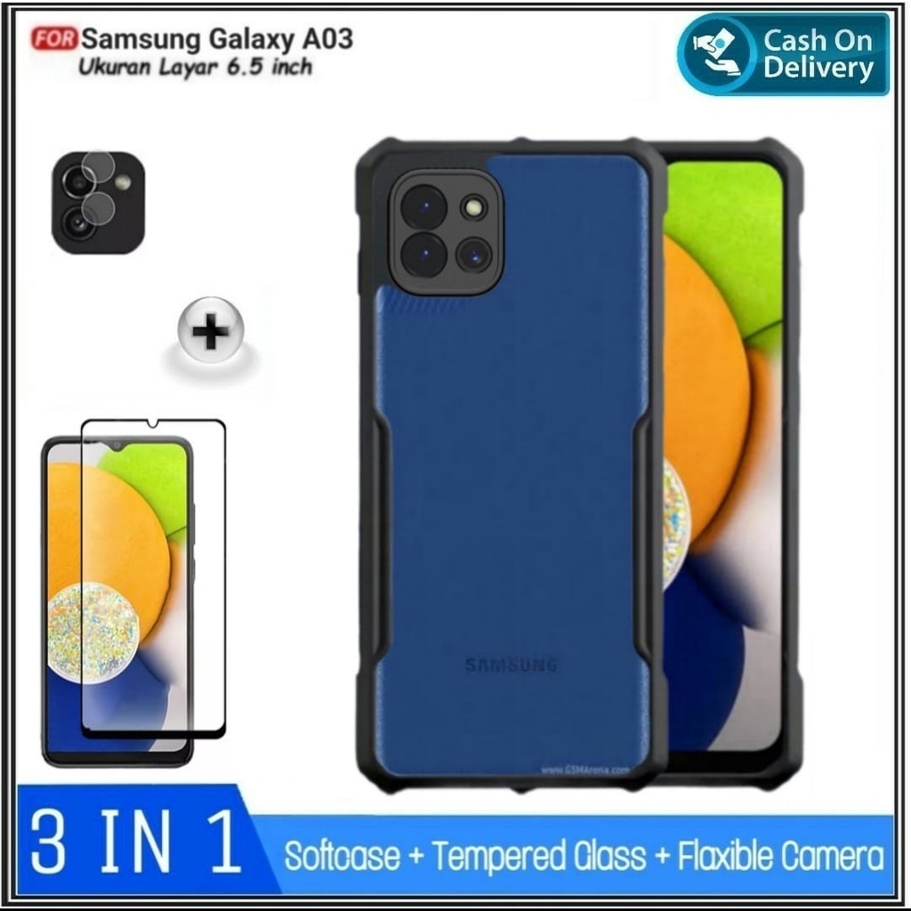 Case Samsung A03 2022, A03 Core Soft Hard Casing Cover + Tempered Glass + Camera