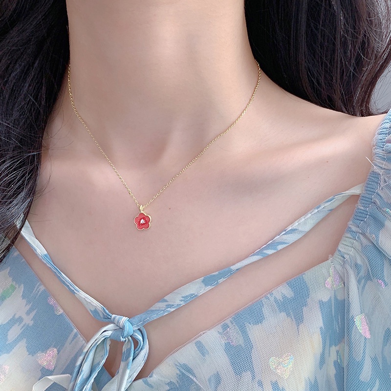 Kalung Rantai Dengan Liontin Bunga Peach Blossom Warna Pink Untuk Wanita