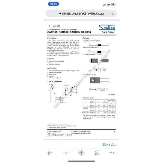 dioda SARS01v0 ori sanken 1.2A 800v
