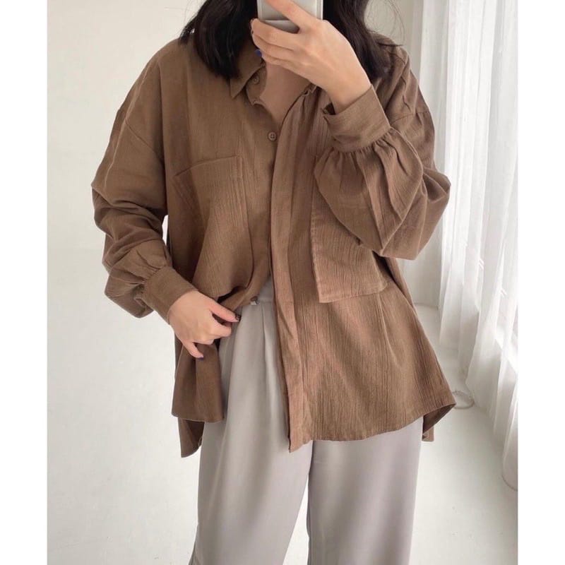 Kemeja Wanita Rayon Crinkle HQ Big Pocket OVERSIZE LD 128 FIT TO XXL Full Kancing Depan Kekinian OOTD Remaja Dewasa 2022 VARZHA Shirt