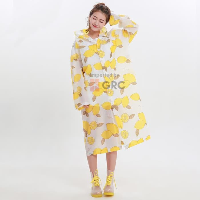 Luluaquatic Jas Hujan Wanita Unisex Terusan Motif Lemon Raincoat Transparan Travelling 862