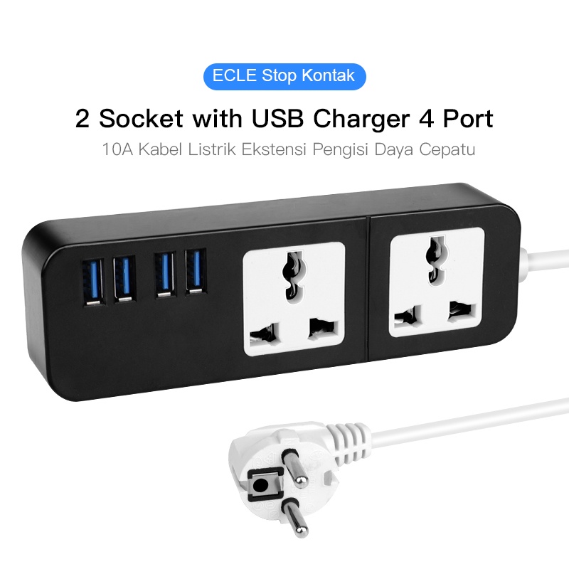 Safety Stop Kontak/Power Strip 2 Soket +4 Smart USB Port Universal Hitam/Putih