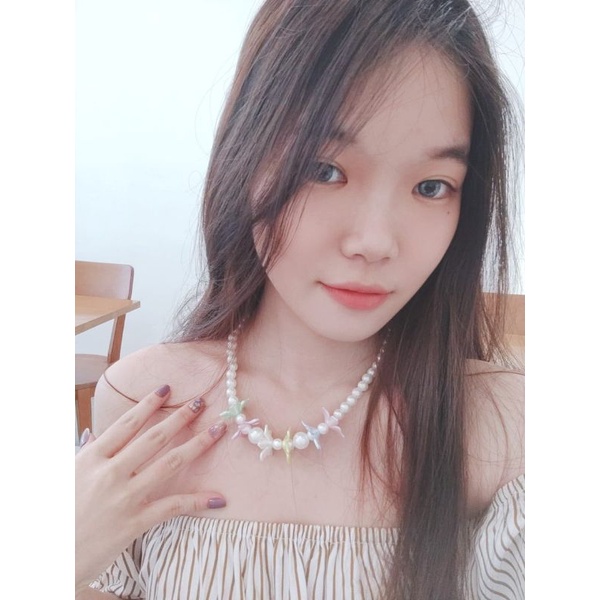 Deandra Flower Pearl Necklace Kalung Mutiara Korea Aksen Kelopak Bunga Warna Warni Korean Pearl Choker Necklace