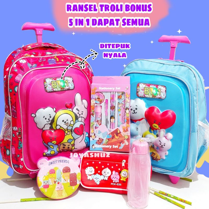 Tas Troli BT 3D LED Anak SD Berbonus - Ransel Troli Timbul LED - Tas Sekolah Anak SD Troli Karakter - Tas Dorong Anak Perempuan SD Gratis Botol Dan Misting - Tas Sekolah Anak Perempuan Karakter Lucu - Joyashuz