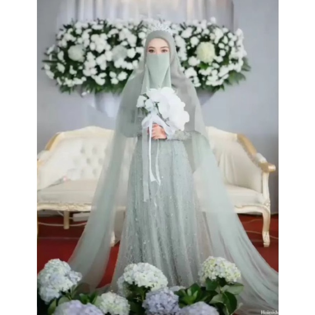 gaun pengantin muslimah syar'i gaun walimah gaun akad gaun pengantin hijau sage wedding dress muslimah syar'i