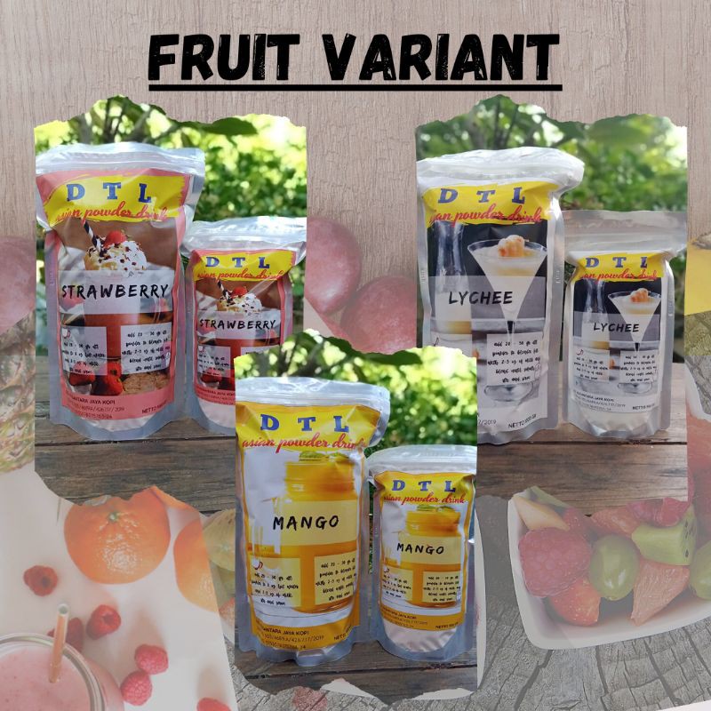 

FRUIT VARIAN POWDER DRINK/BUBUK MINUMAN RASA BUAH KEKINIAN MURAH DAN BERKUALITAS