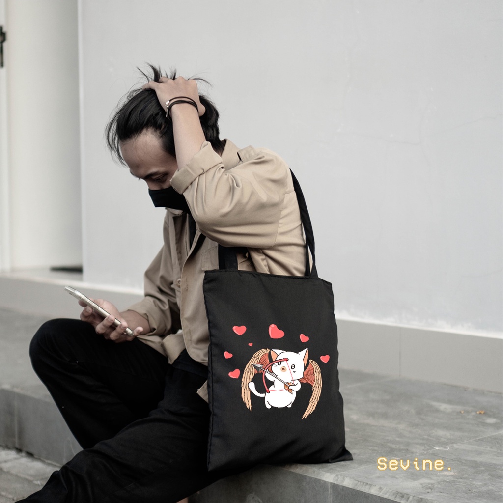 Sevine Totebag Tas Wanita Tote Bag Resleting Cute Cat Black Series Hitam - CSL7