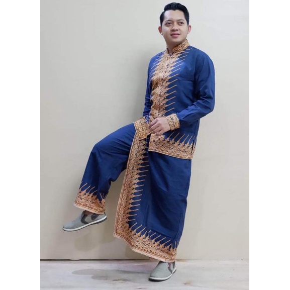 baju pria dewasa setelan clana sarung dan koko batik solo motip modang biru gagah