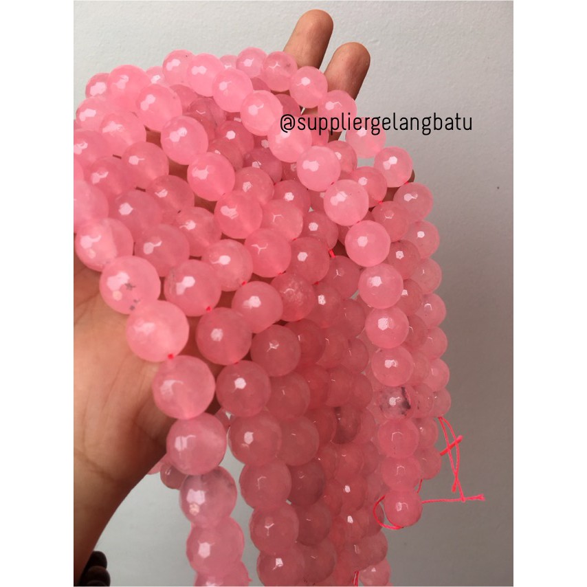 ROSE QUARTZ FACETED beads 14mm CUTTING batu manik candy craft impor aksesoris supplier pria wanita