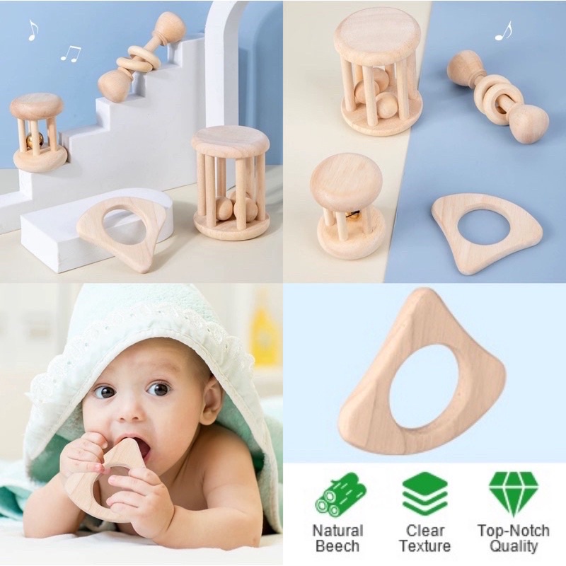 Wooden Baby Rattle Toy Montessori Teething Ring Log Geometric Grab Toy Set mainan genggam bayi