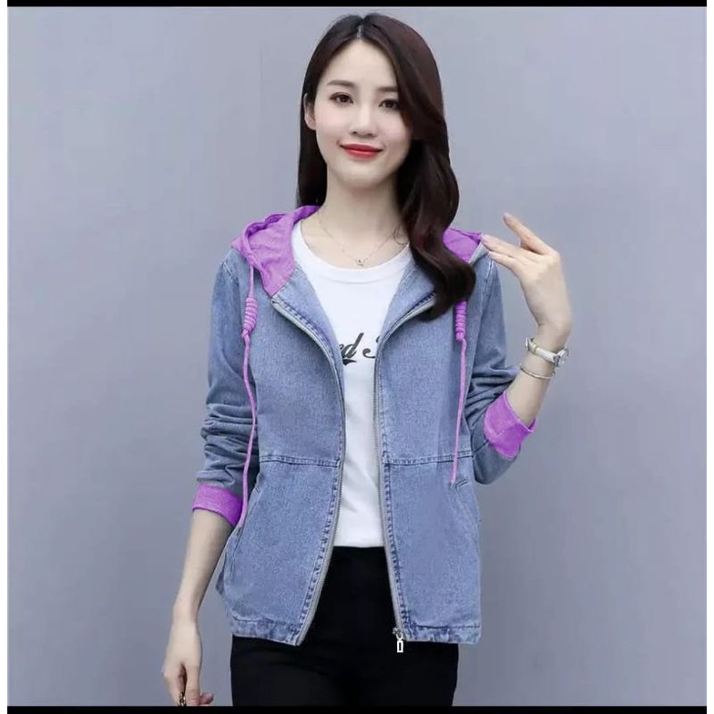 JAKET JEANS HOODIE WANITA RITSLETING DENGAN KOMBI