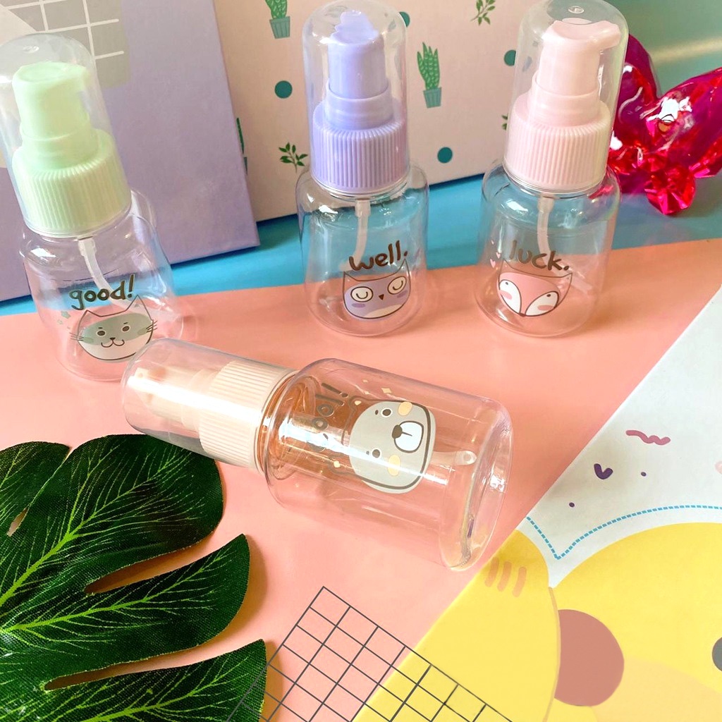 Botol kosong refill isi ulang 30 ml model pump spray transparan travel kit size untuk hand sanitizer parfum shampoo sabun cuci muka dan tangan motif lucu bahan plastik