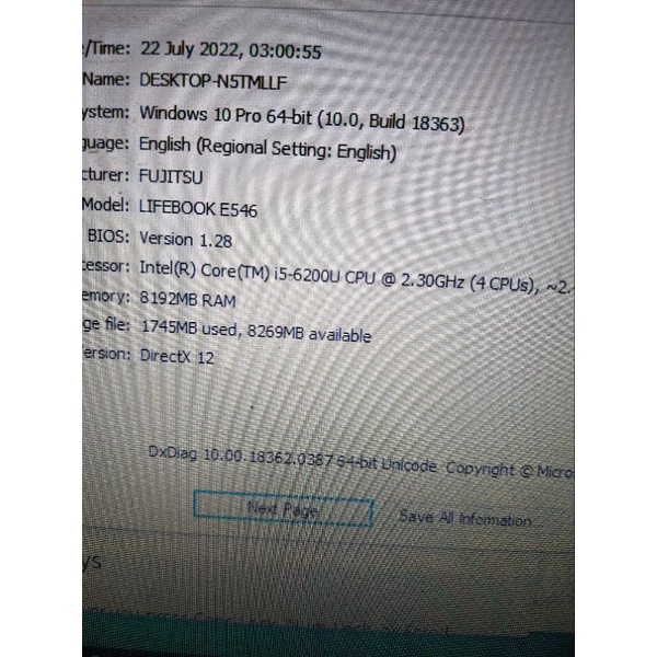 Fujitsu e546 Core i5-6200u ram 8gb ssd