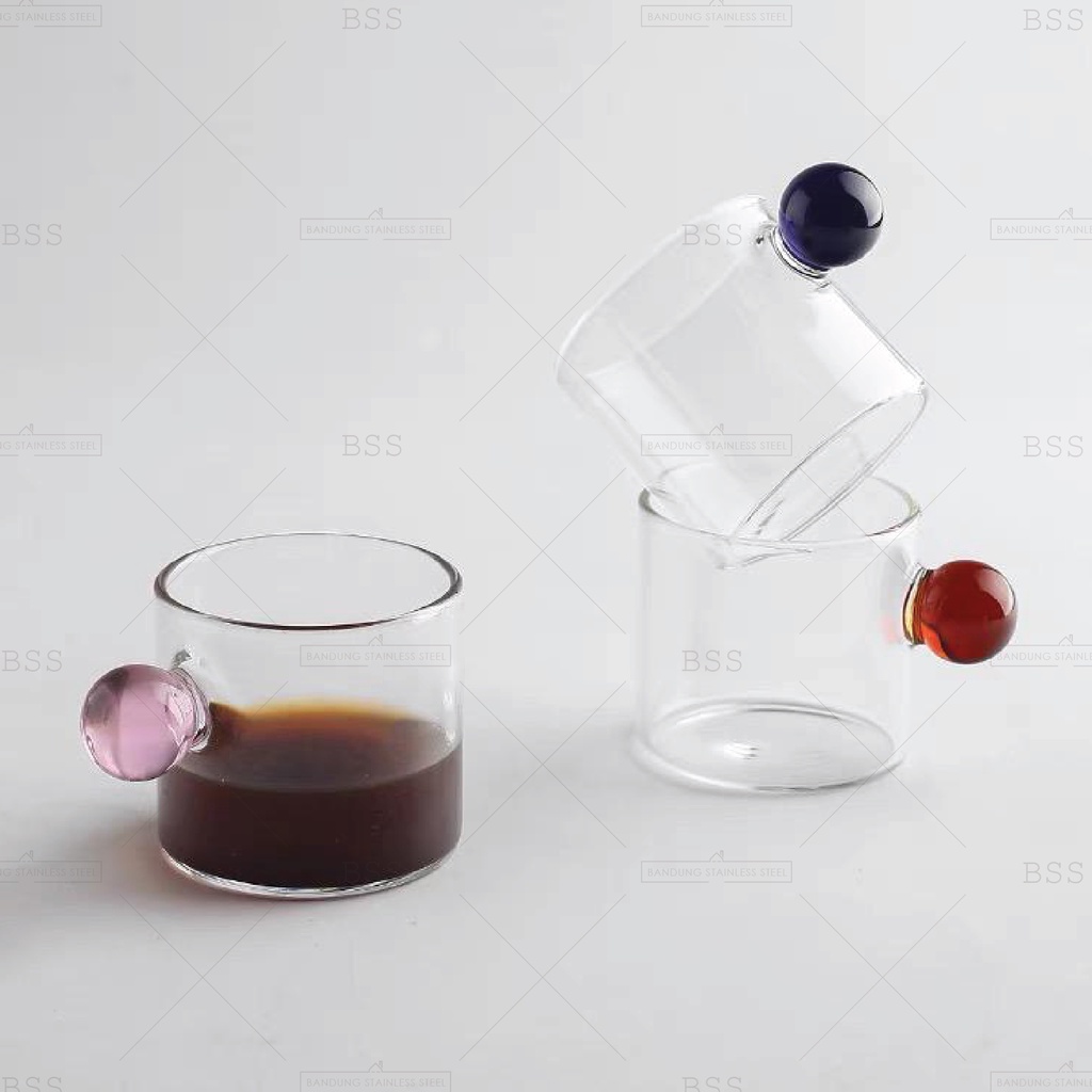 Gelas Kaca Kecil 90ml Borosilicate Cangkir Pegangan Bulat Warna Lucu Mini Teh Kopi Minuman Dessert