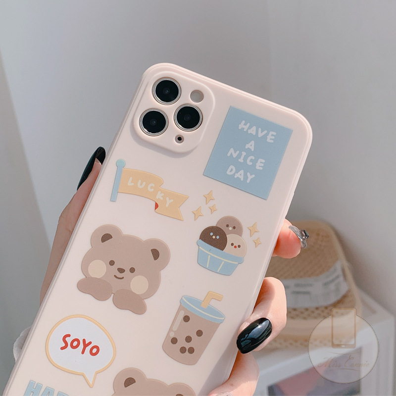 IPHONE Kompatibel Untuk Iphone11 12 14 13 Pro Max 6 6s 78 Plus Xr Xs Max SE 2020 Ins Batu Putih Susu Teh Beruang Soft Tpu Case