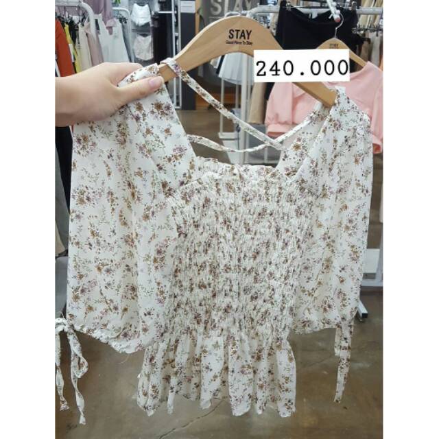 PO KOREA Blouse karet motif bunga atasan korea