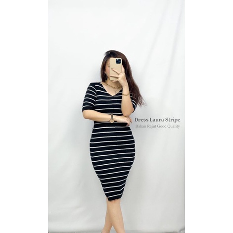 MDLV ~ DRESS LAURA STRIPE RAJUT DRESS BODYCON DRESS KOREA STYLE DRESS SEXY FASHION WANITA