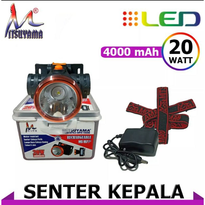 MITSUYAMA Senter Kepala LED 20W Super Terang Rechargeable MS -167P/Headlamp LED+Lampu Baca Cahaya K